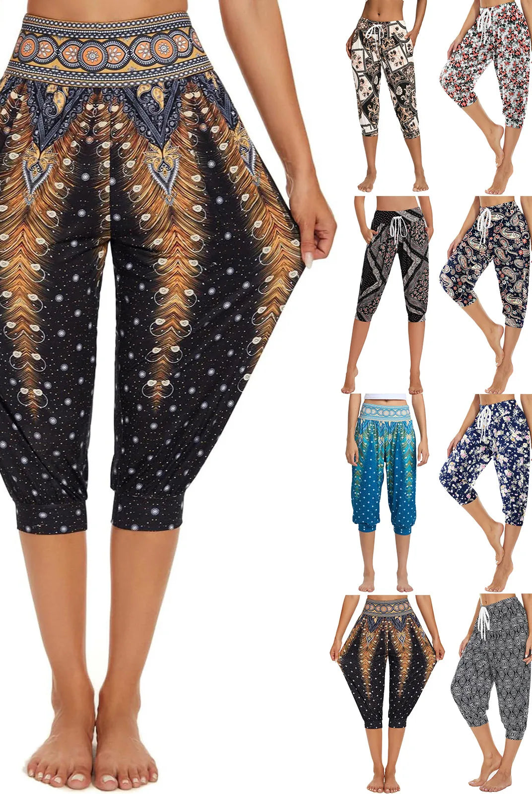 Women's Summer Loose Capri Pants with retro printed casual design, breathable fabric, and pockets in various colors.