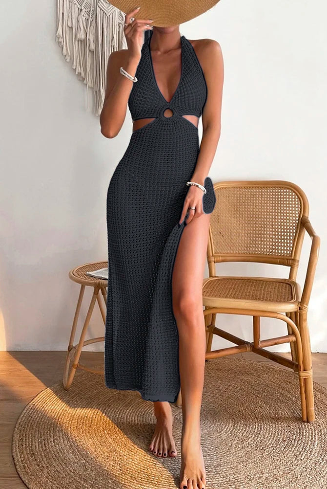 Fashionable and elegant women's Woolen Dress Women's Bikini Blocked Solid Round Neck Hollow Skirt in black, featuring cut-out details and high slit.