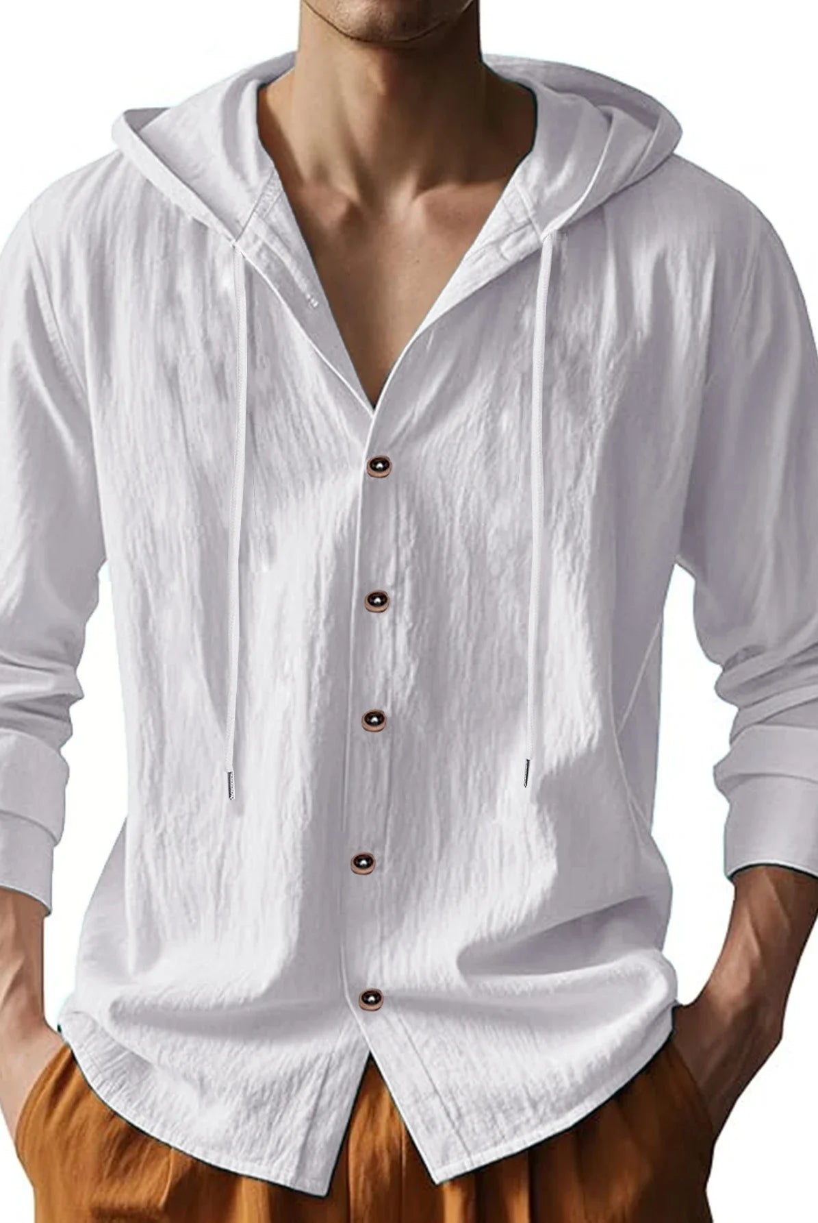 Summer Hot Sale Beach Style Shirts Men's Long-Sleeved Hood Cotton Linen Solid Color Casual Collar Shirt in white with brown
