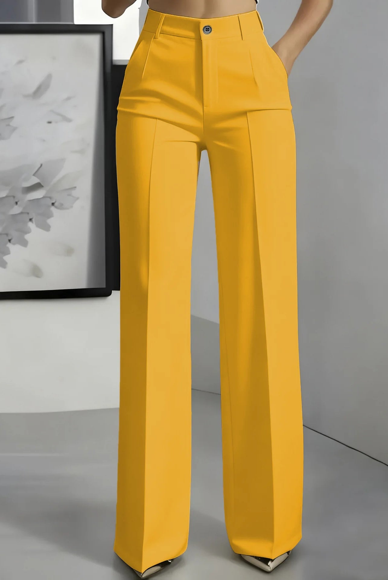 Women's High-Waisted Straight-Leg Trousers Formal Office Trousers Slim-Fit Cut Classic Solid-Colour Suit Trousers in bright yellow fabric.
