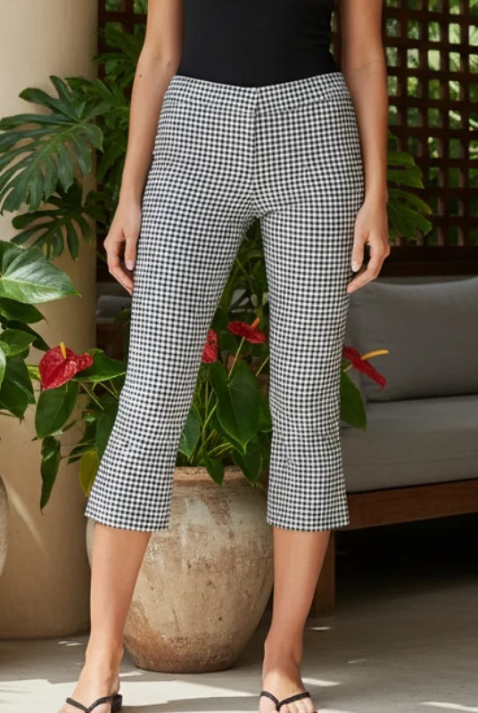 Women Summer Capri Pants Casual Low Waist Slim Fit Cropped Trousers with black and white gingham pattern, suitable for