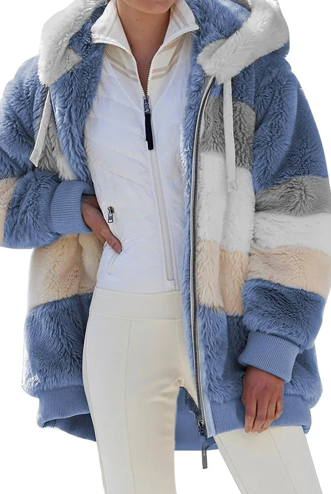 Oversized women's jacket for 2025 autumn winter, warm plush material, hooded streetwear coat with pockets and zipper in neutral tones