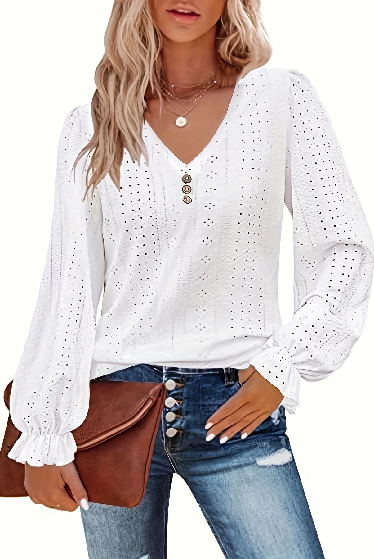 Plus Size Eyelet Button Decor T-Shirt for women, white V-neck long sleeve top with eyelet details, suitable for spring and