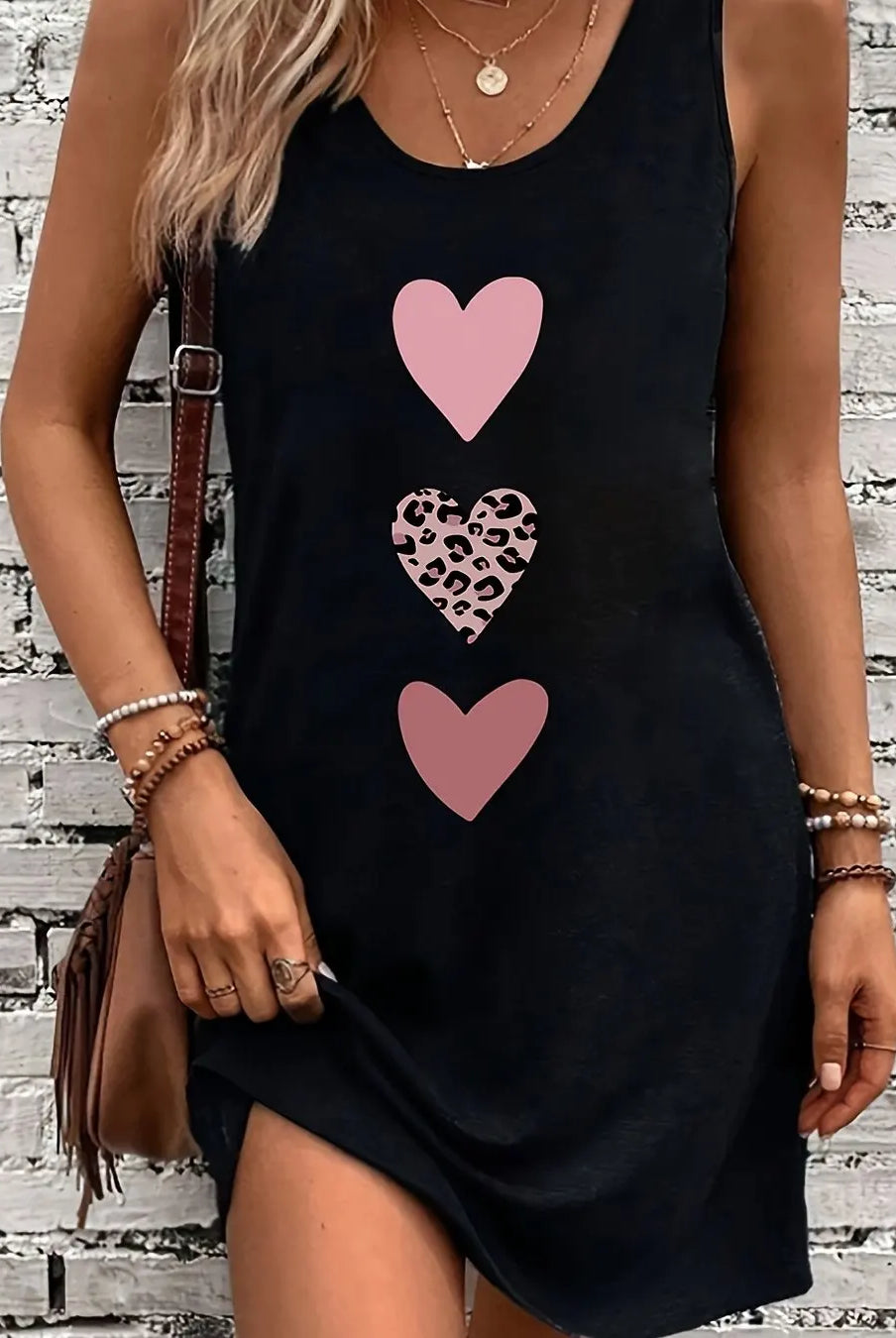 Women's summer sleeveless tank top dress with pink hearts, one with leopard print, casual summer style.