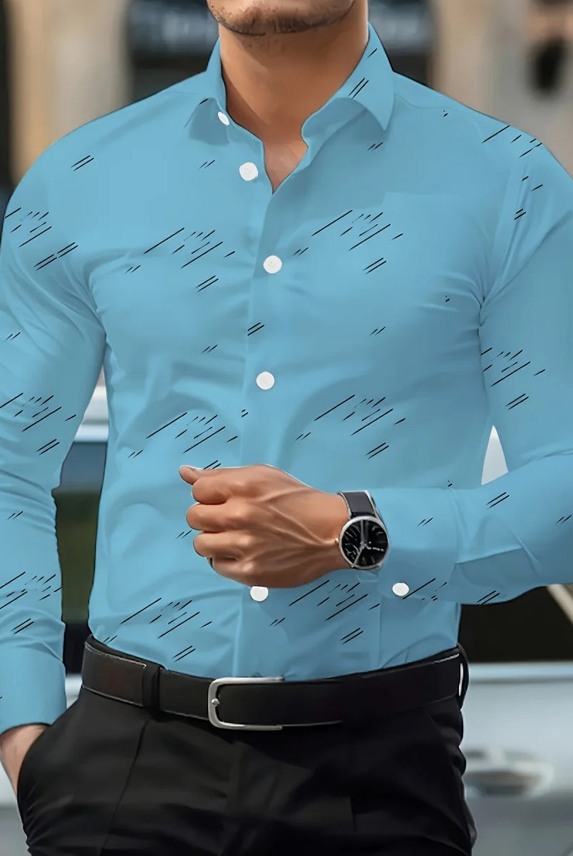 Men's Trendy Geometric 3D Line Print Long-Sleeved White Lapel Shirt, casual men's button-up shirt in light blue with black