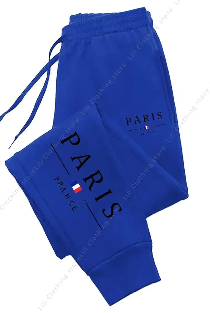 2025 New Hot Sale PARIS Jogger Pants for Women in blue fleece material with high waist, drawstring, suitable for autumn and