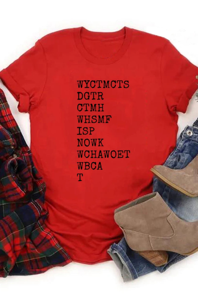 Will You Come To My Cottage This Summer Quote T-Shirt in red with black text, paired with plaid shirt, jeans, and beige