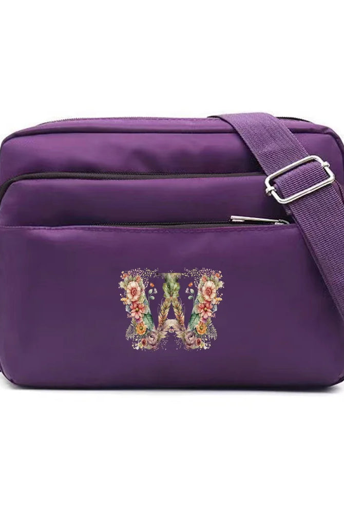 Leisure Purple One Shoulder Crossbody Bag with floral letter print, large capacity, made of durable fabric, suitable for
