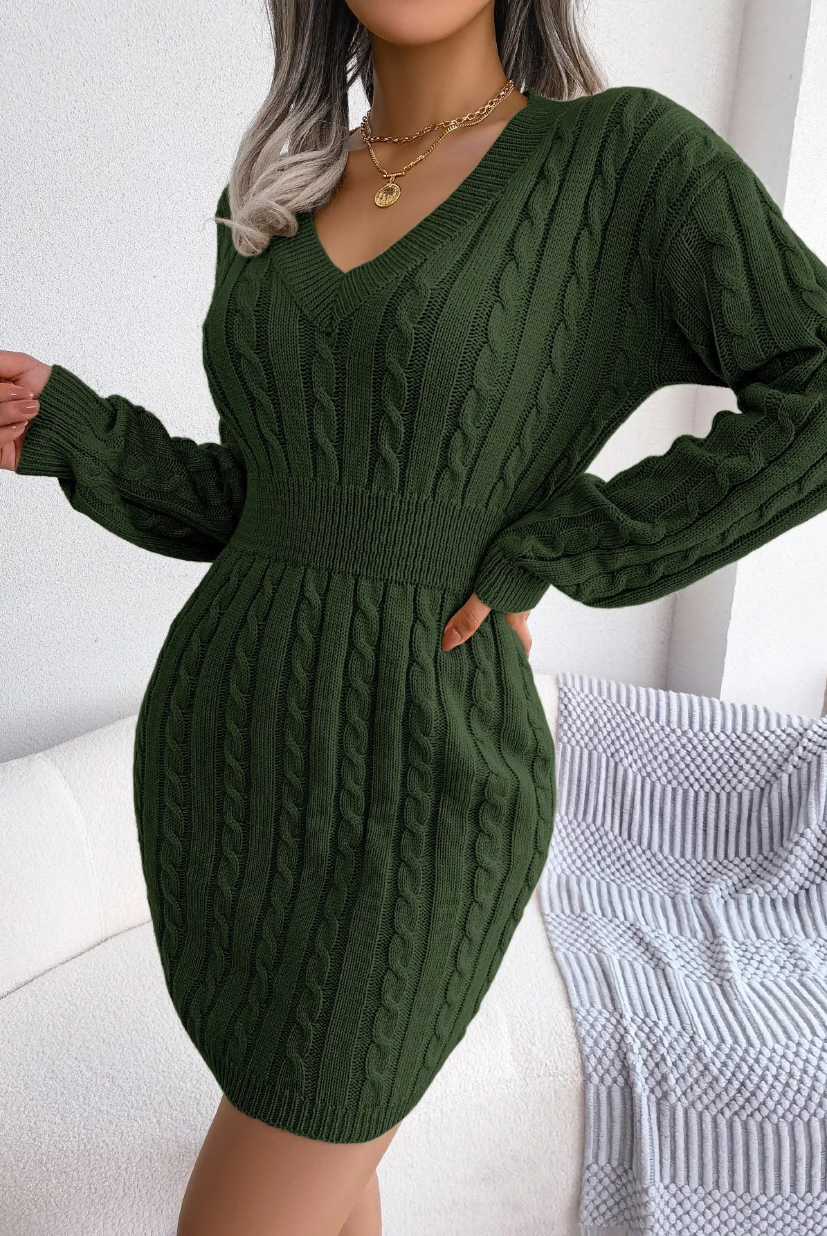 VigoCasey 2025 V Neck Casual Short Knit Dress in khaki, long sleeve, bodycon style, made of knitted fabric for autumn and