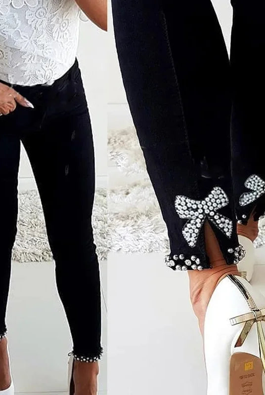Slim Fit Denim Jeans Butterfly Stick Flower Bead Open Split Ankle Length Slimming Pencil Long Trousers Women's Fashion Jeans
