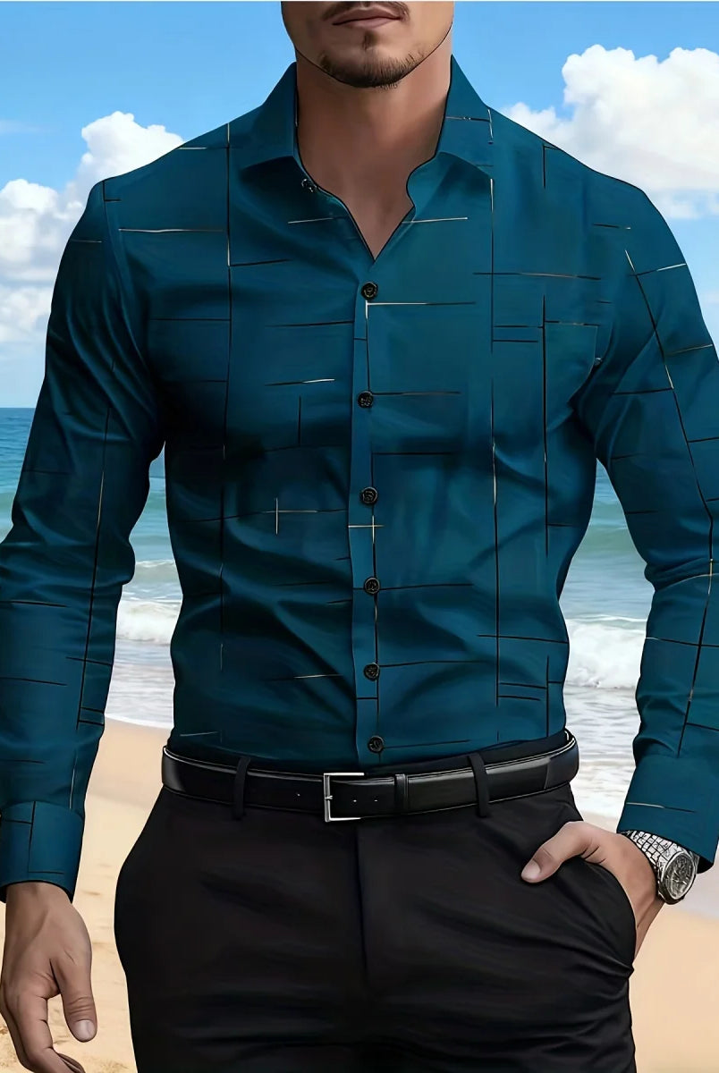 Men's Trendy Geometric 3D Line Print Long-Sleeved Shirt in blue with button-up front and lapel, worn by a male model at the