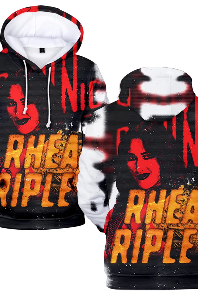 Rhea Ripley hoodie for women and men featuring a graphic print of Rhea Ripley's face, bold orange text, black, red, white colors, streetwear style.