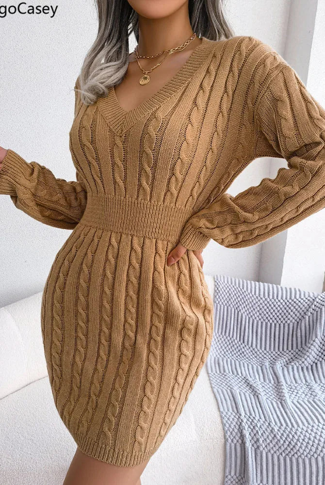 VigoCasey 2025 khaki V-neck casual long sleeve knit dress with cable pattern, bodycon fit, suitable for autumn and winter.