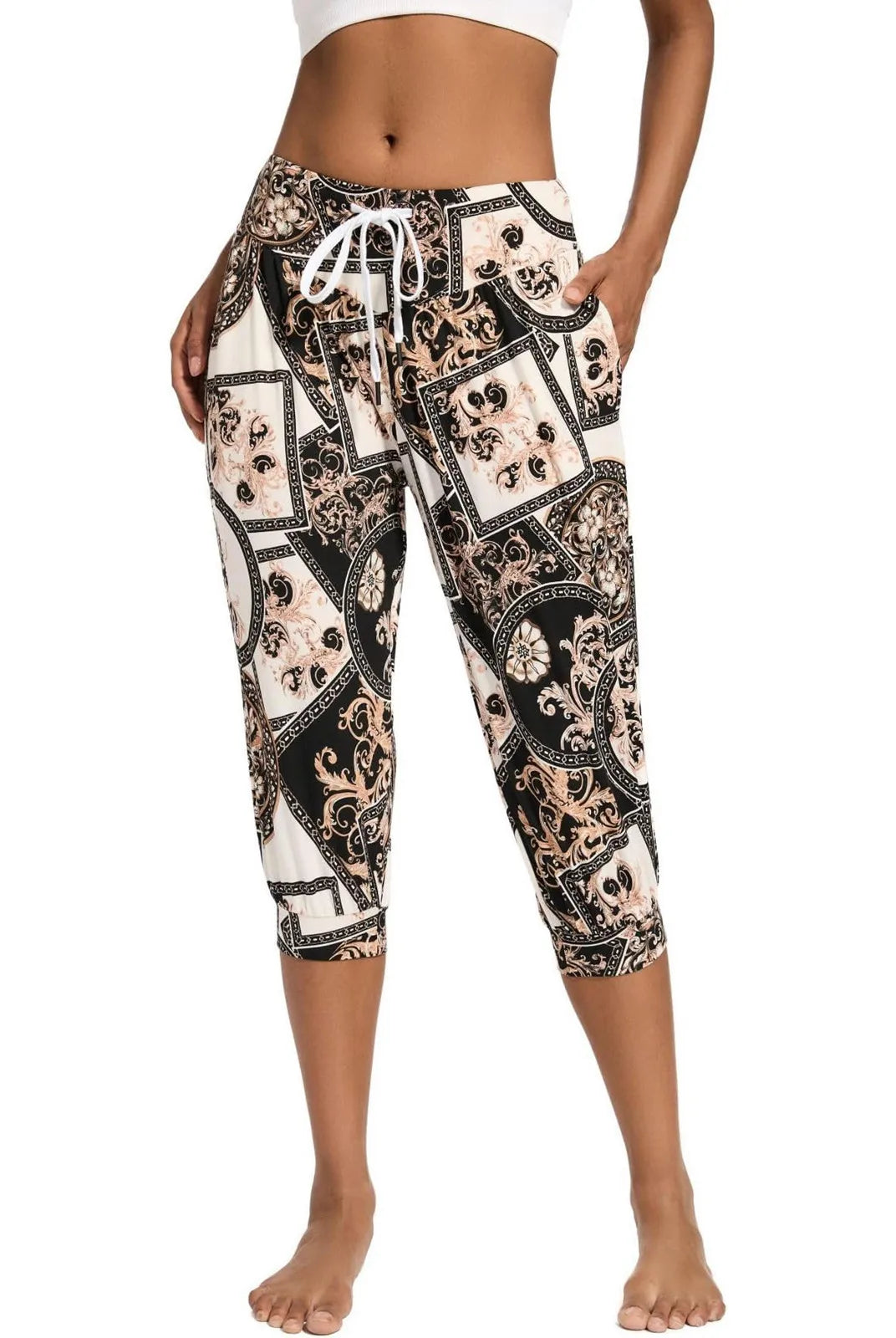Women's Summer Loose Capri Pants Retro Printed Casual Sports Pants Yoga Pants with Pockets in black, beige, and floral