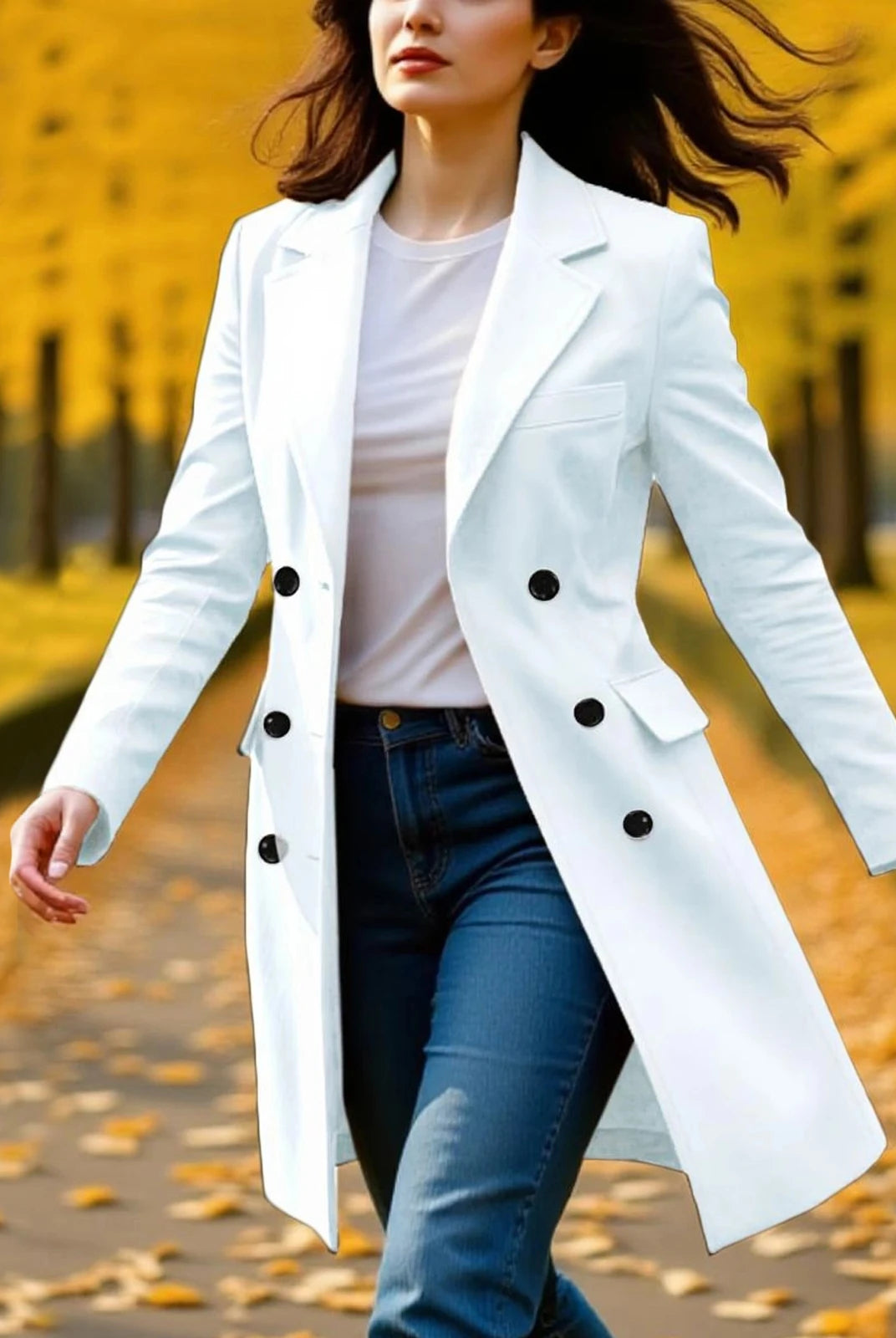 New Women's Coats Autumn Winter Long Sleeve Lapel Breasted Trench Coat in white, stylish A-line fall winter jacket for women.