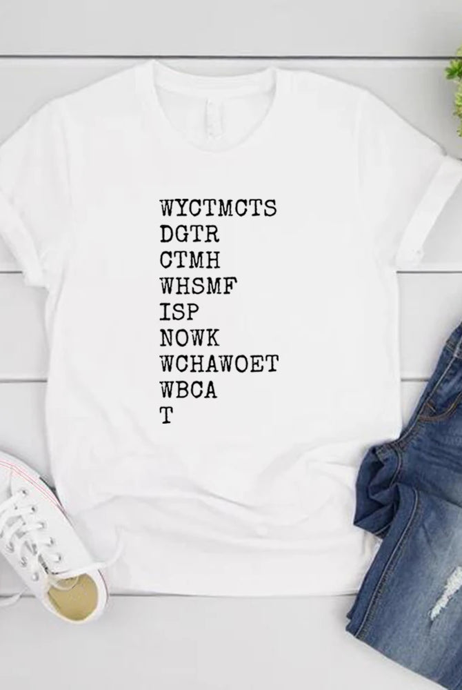 Will You Come To My Cottage This Summer Quote T-Shirt with black text, short sleeves, casual fit, paired with distressed
