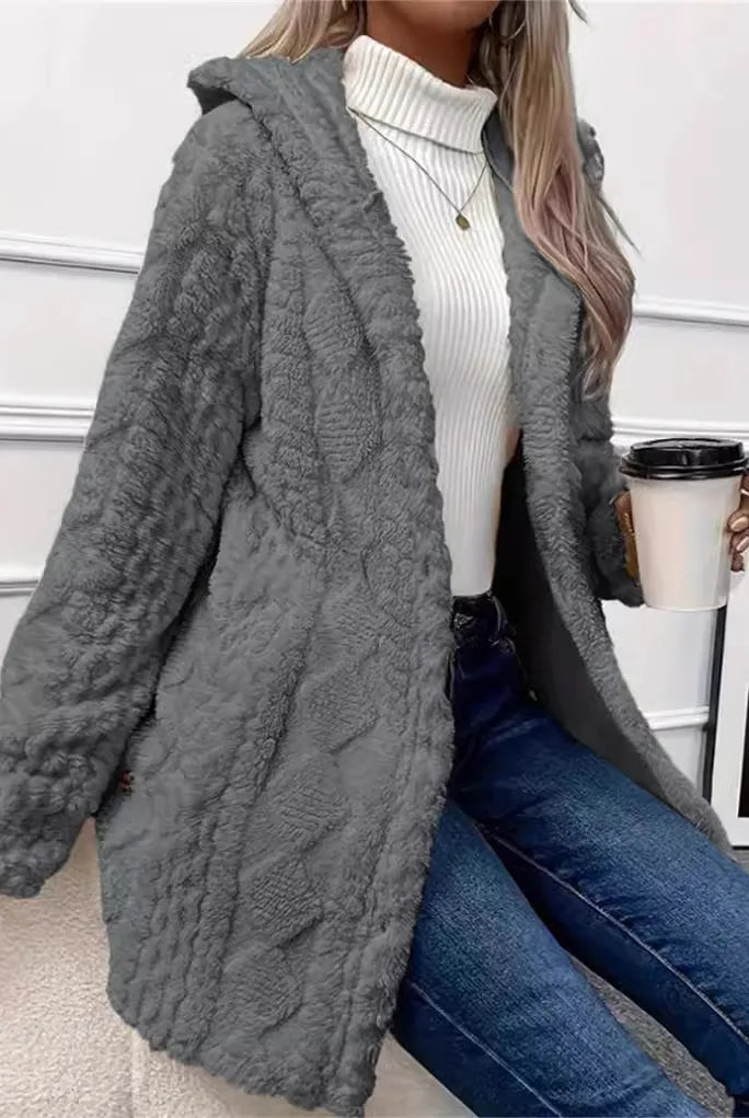 Women cardigan hoodie jacket with argyle textured pattern, hood, irregular hem, buttons, fleece material, oversized fit for