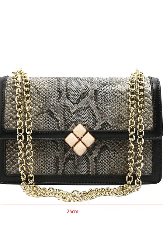 Luxury Purple Women's Single Shoulder Bag with faux leather and snake print design, gold chain strap, and decorative clasp, 25x16x10cm.