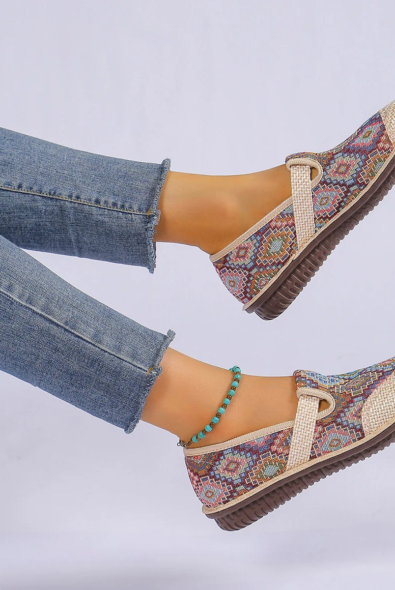 Super light women's casual sports shoes with ethnic woven fabric, soft sole, anti-slip, and versatile design.
