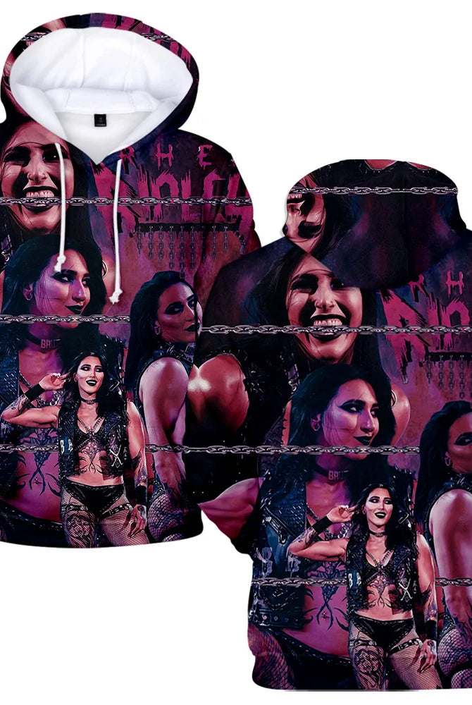 Rhea Ripley hoodie for women and men featuring a graphic print of Rhea Ripley with chains, black and purple streetwear style, suitable for casual and sportswear.