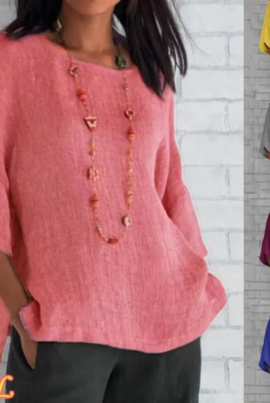 Plus size cotton blouse shirts summer O-Neck three-quarter loose casual blouse tops for women streetwear in pink, yellow, gray, purple, and blue.