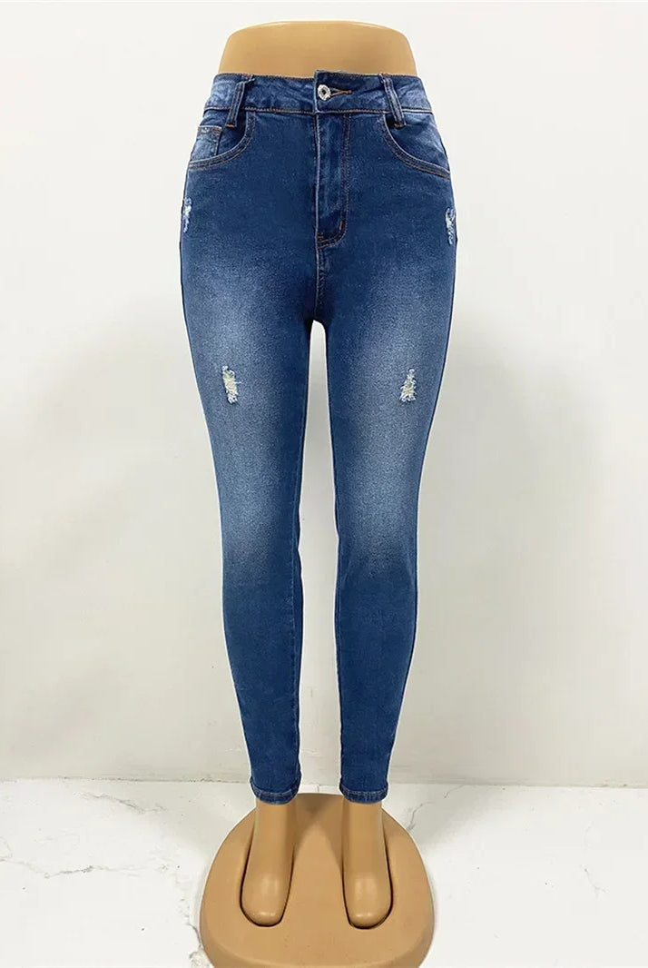 Spring 2025 fashion button jeans women casual skinny pencil pants with high waist, slim stretch denim, distressed details