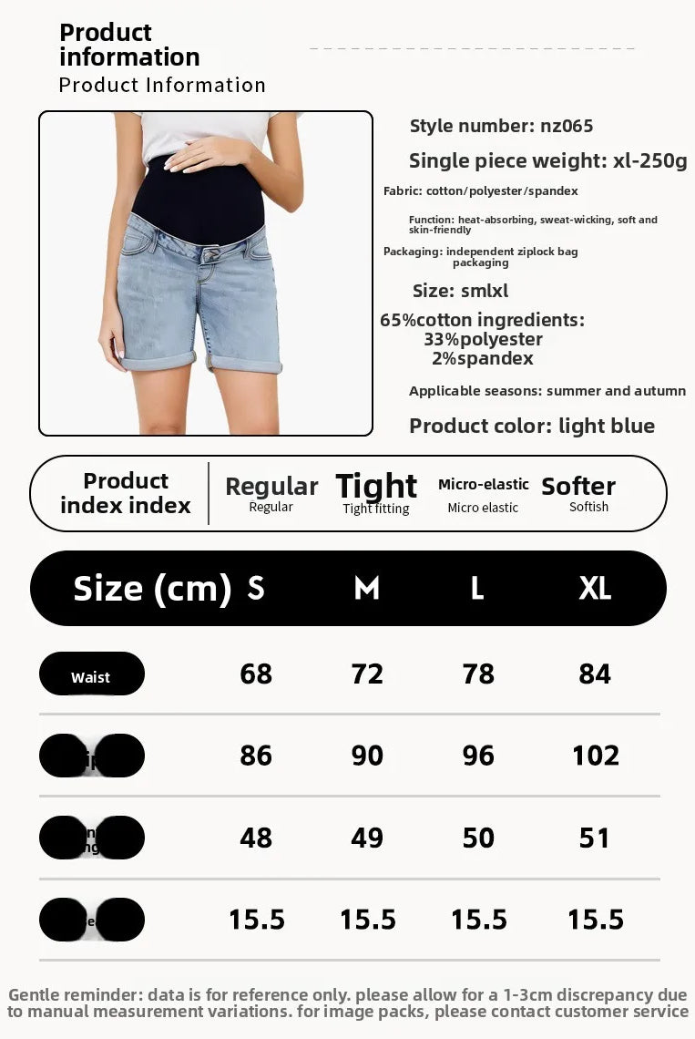 Pregnancy Capri Jeans High Waist Tummy Control Rolled Cuff denim shorts in light blue with a high waist and rolled cuffs.