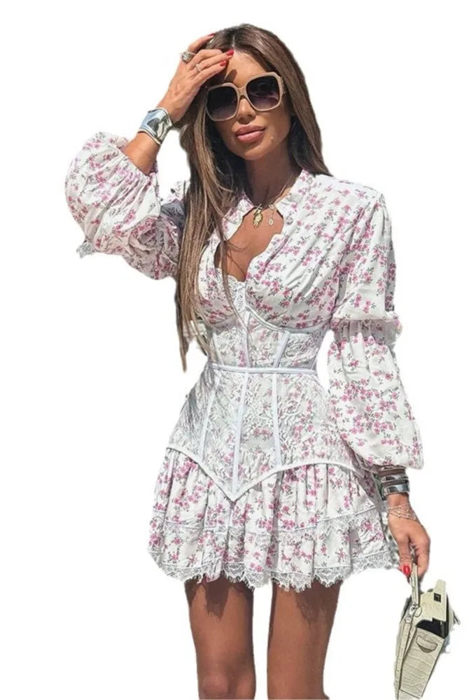 V-Neck Printed Lace Mini Dress for women with ruffled sleeves, high waist, and floral pattern, suitable for summer parties.
