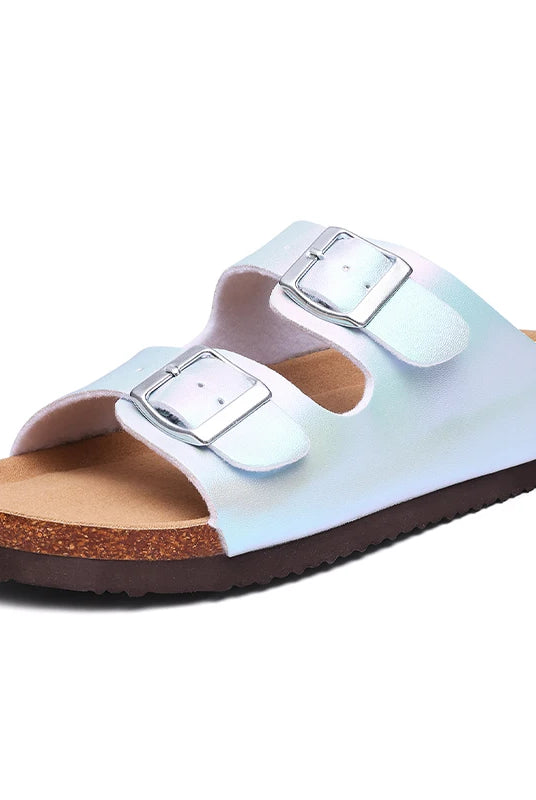 Comwarm New Women's Gradient Cork Sandals with double buckle straps, flat summer beach slippers for women.