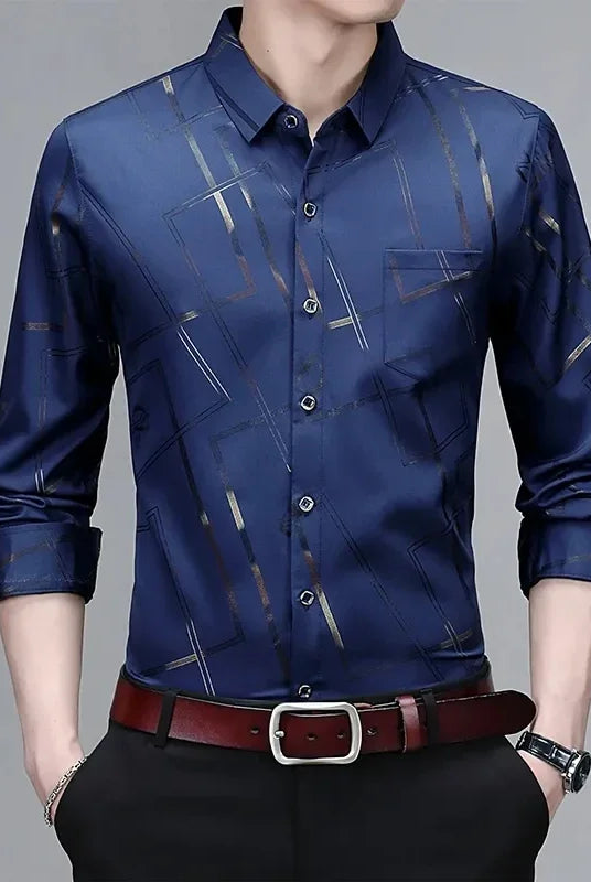 Men's Casual and Fashionable Long Sleeved Printed Shirt in navy blue with geometric pattern, non-ironing, wrinkle-resistant business top.
