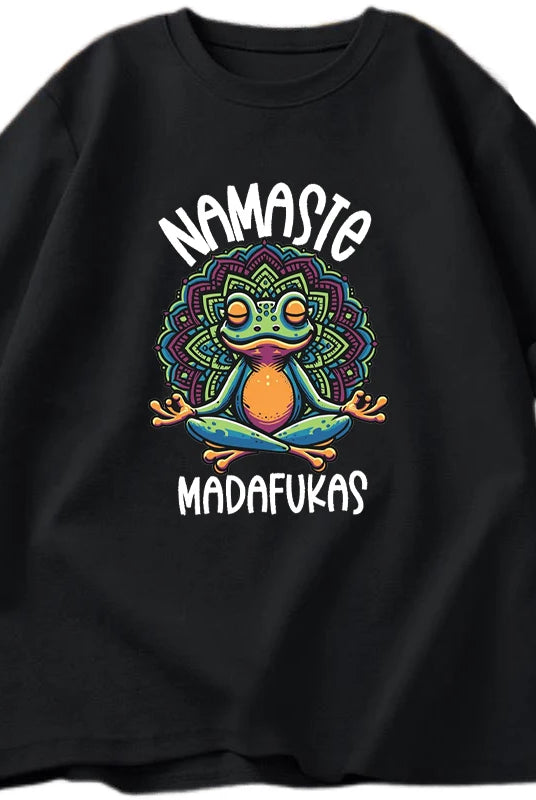 Funny Yoga T Shirt Frog Self Care T-Shirt cotton short sleeve with colorful frog design, Namaste Madafukas text, men's