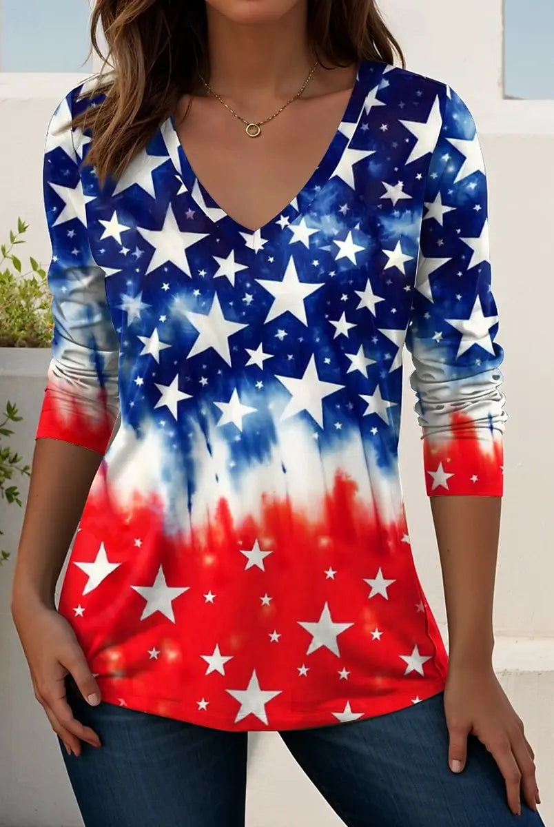 Vintage US Flag 250th anniversary pattern women's long sleeve summer T-shirt with 3D star print in red, white, and blue