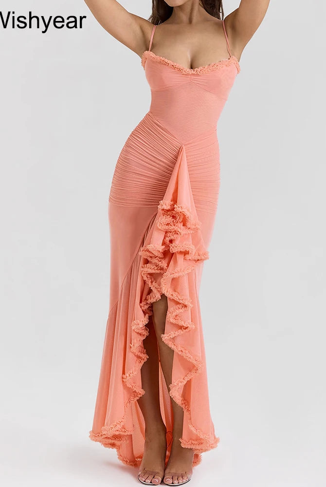 Wishyear Women Sexy Spaghetti Strap Ruffle Irregular Bodycon Long Dress in peach with ruffled front slit, suitable for