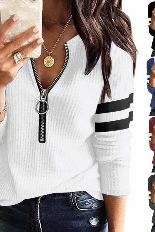 New Spring Fall Stripe Big Zipper Retro Sweater Long Sleeve Sweater for women in white, black, blue, red, and gray with