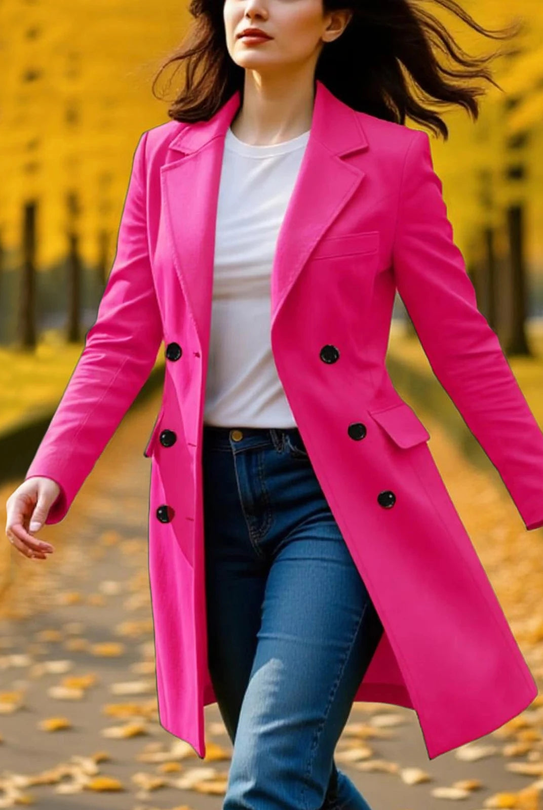 New women's long sleeve lapel breasted trench coat in bright pink, stylish A-line fall winter jacket worn outdoors in autumn