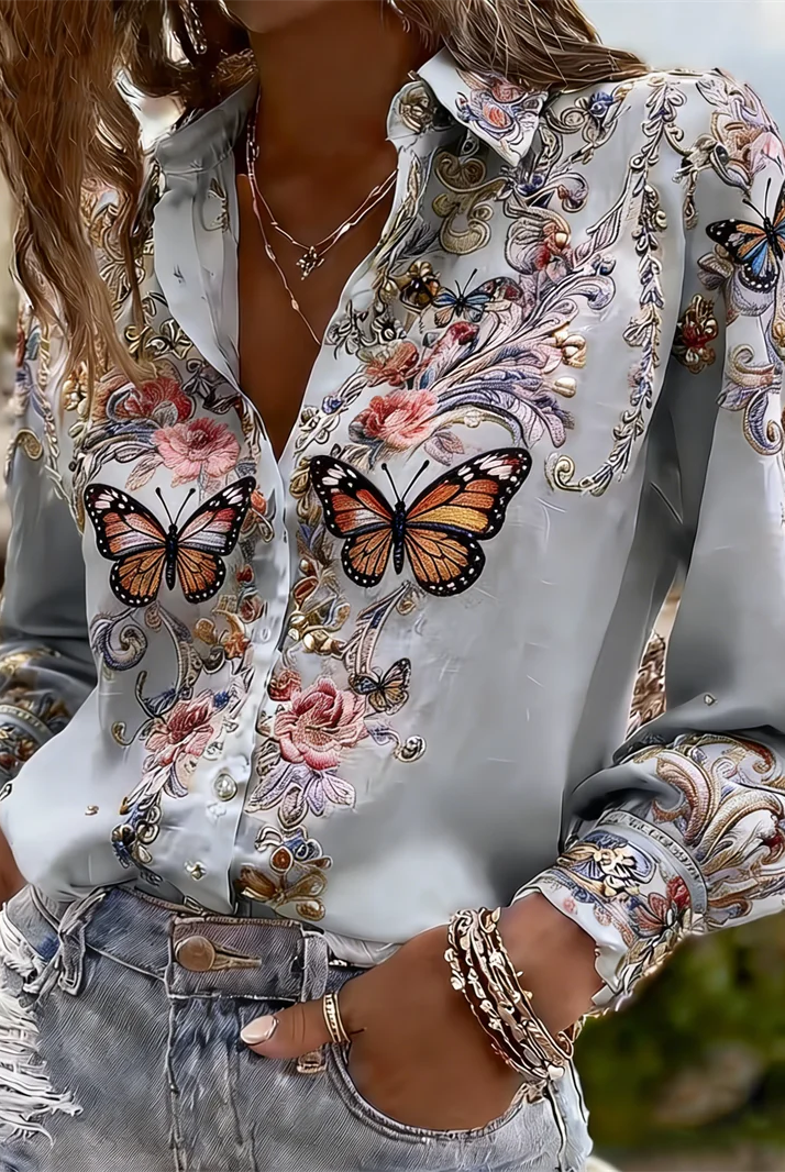 New 11 color long-sleeved women's shirt with 3D butterfly and floral embroidery, tree branch pattern on lapel, lightweight and stylish.