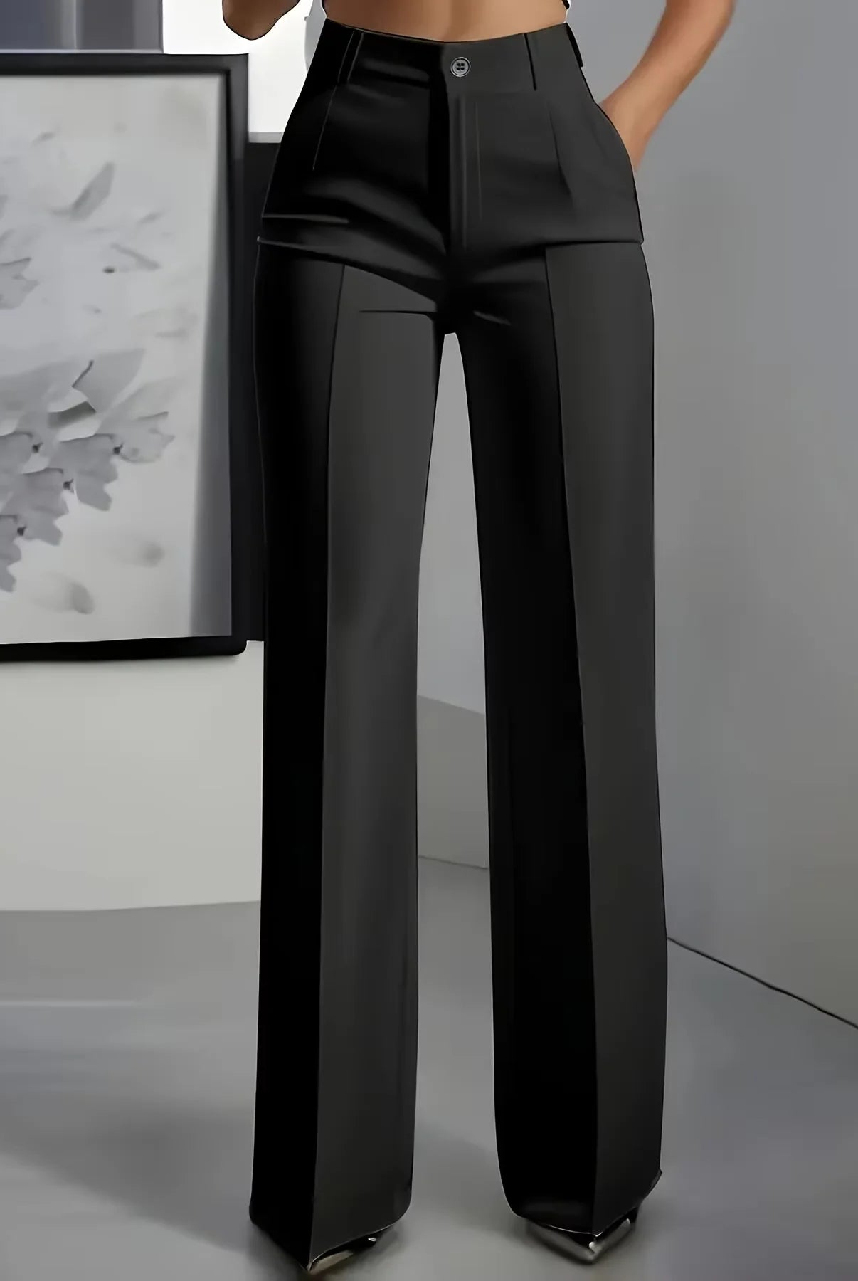 New 2025 Women's High-Waisted Draped Straight-Cut Suit Pants in black with a smooth fabric, designed for European American cross-border fashion.