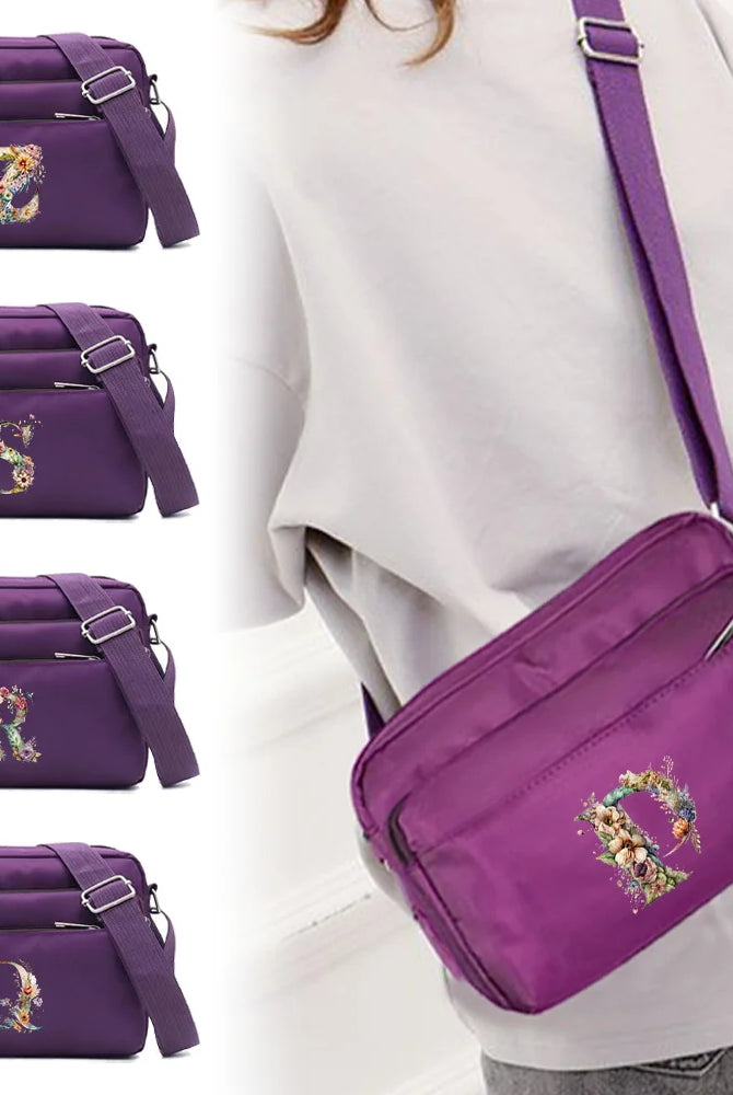 Leisure Purple One Shoulder Crossbody Bag with floral letter series printing, large capacity, lightweight nylon for