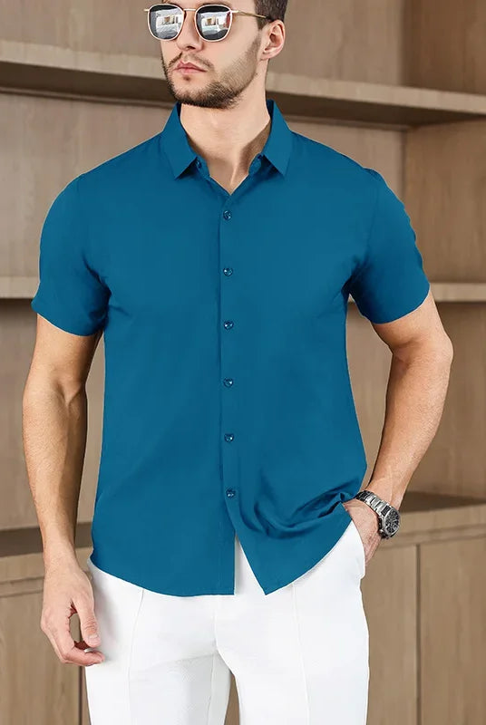 New Men's Business Casual Solid Color Short Sleeve Shirt for Summer Fashion, No Ironing, Comfortable, Versatile Top in blue
