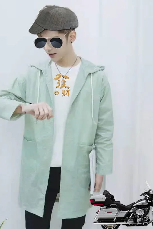 Summer lightweight men's windbreaker outdoor beachwear sun protection long coat in light green, casual style, model holding