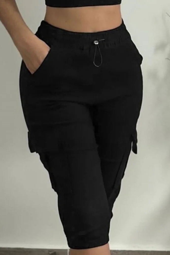 Summer women's slim-fit Capri trousers with high waist, multiple pockets, lace-up detail, solid color, casual tight leggings in black.