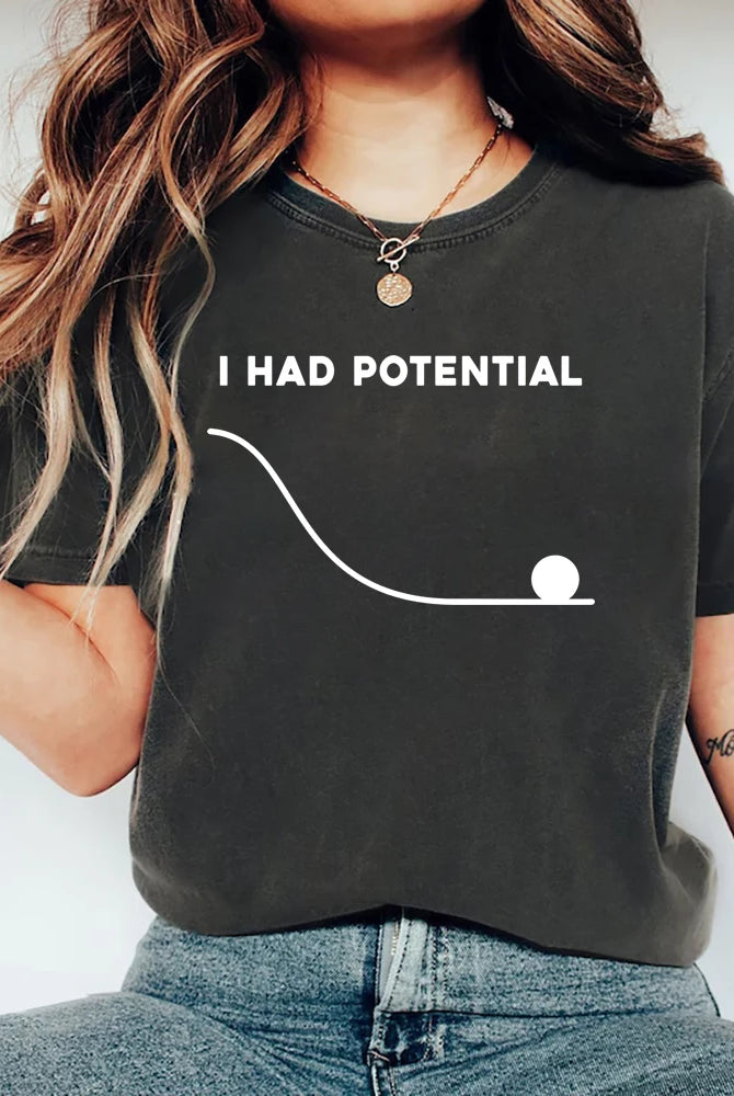 Black cotton T-shirt with white text and graphic, featuring I Had Potential from the Project Hail Mary TV show, worn