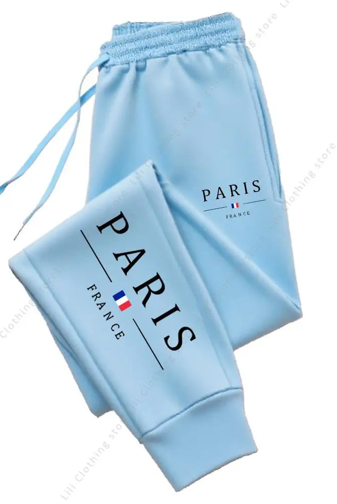 2025 New Hot Sale PARIS Jogger Pants for Women's high-quality fleece casual sports trousers in light blue with Paris and