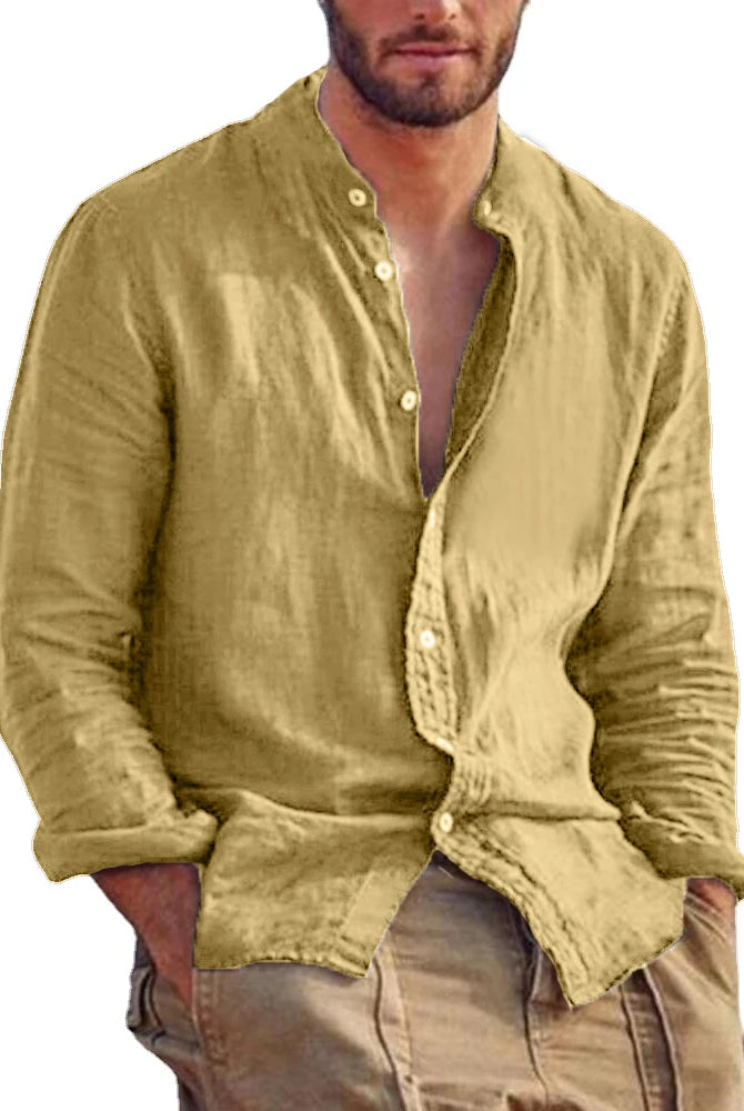 Men's solid color long sleeve linen cotton shirt with stand collar, casual lightweight beach top in beige for plus-size men.
