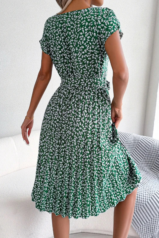 Gaun Berlipat Floral Wanita gaun midi perban ruched lengan pendek leher-o kasual musim panas gaun boho chic A-line pantai