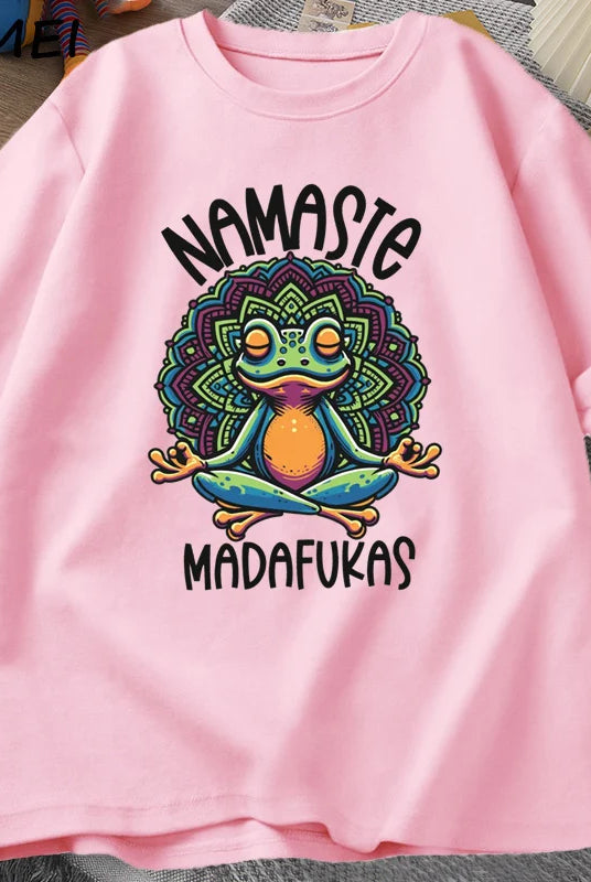 Pink cotton short sleeve T-shirt featuring a colorful frog meditating with a mandala background and the text Namaste MADA