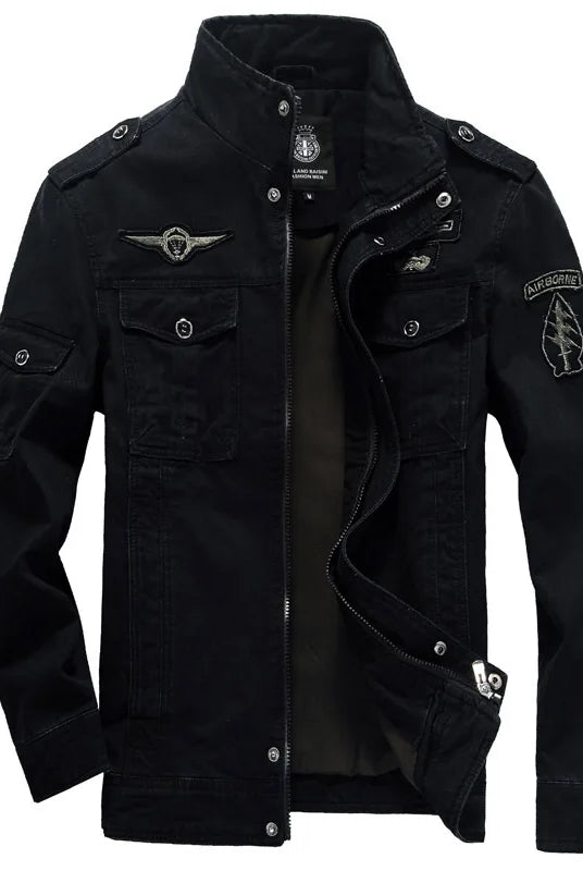 2023 Spring Autumn Men Casual Cargo Cotton Jackets Coats with embroidery and tactical military design, black color, plus