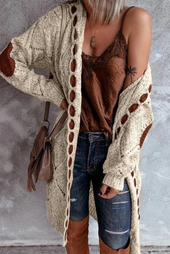 Vintage women oversized hooded long cardigan knitted sweater jumper with plaid pattern, brown coat, and jersey, styled