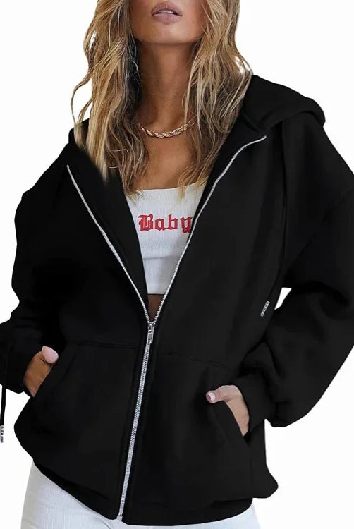 Fashion Gray Zip Up Sweatshirt Women Autumn Winter Jacket with hood, long sleeves, pockets, and versatile solid design.