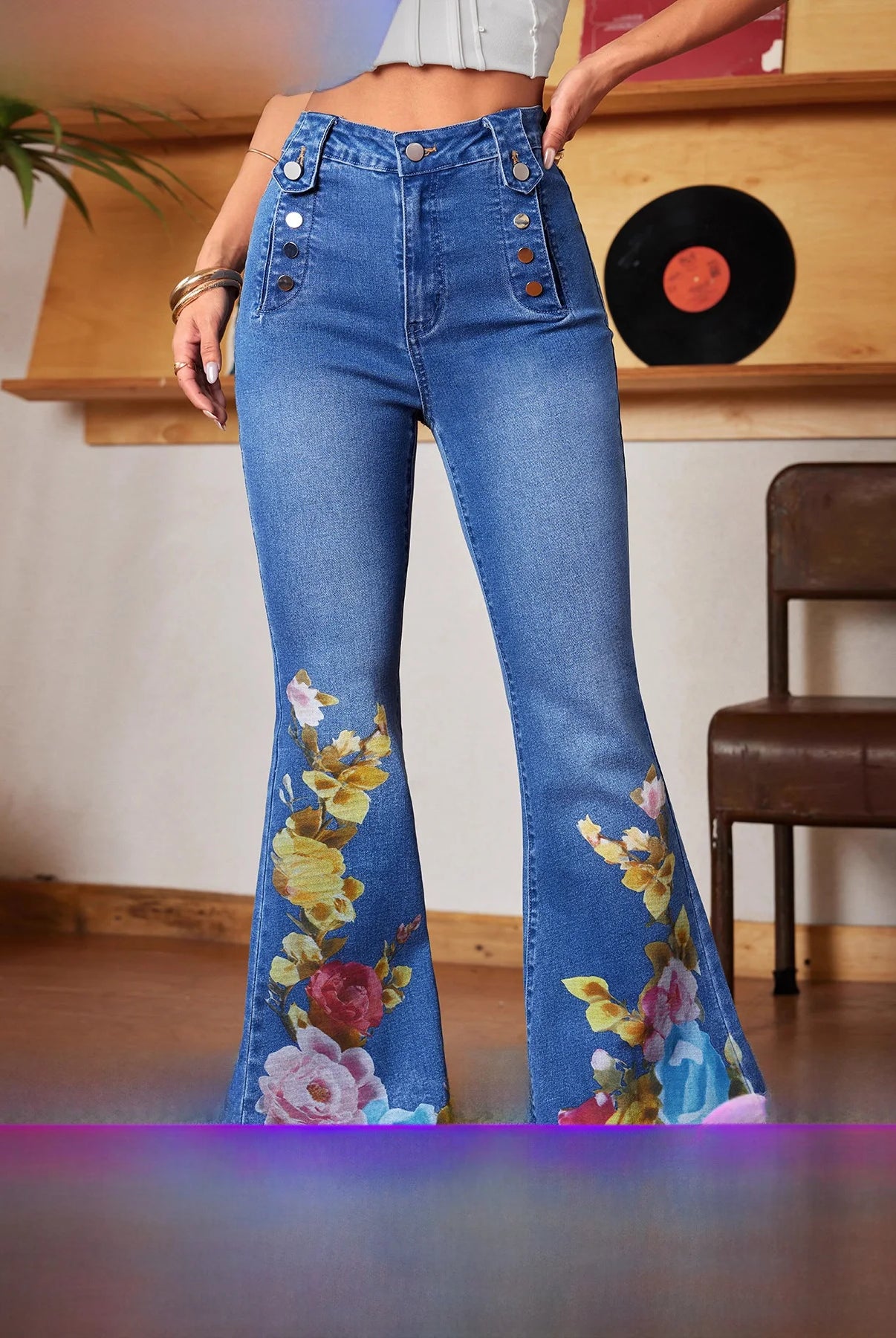 2025 New Women's Comfortable Elastic Bell Bottom Denim Jeans with floral print, mid waist, long pants, casual and elegant